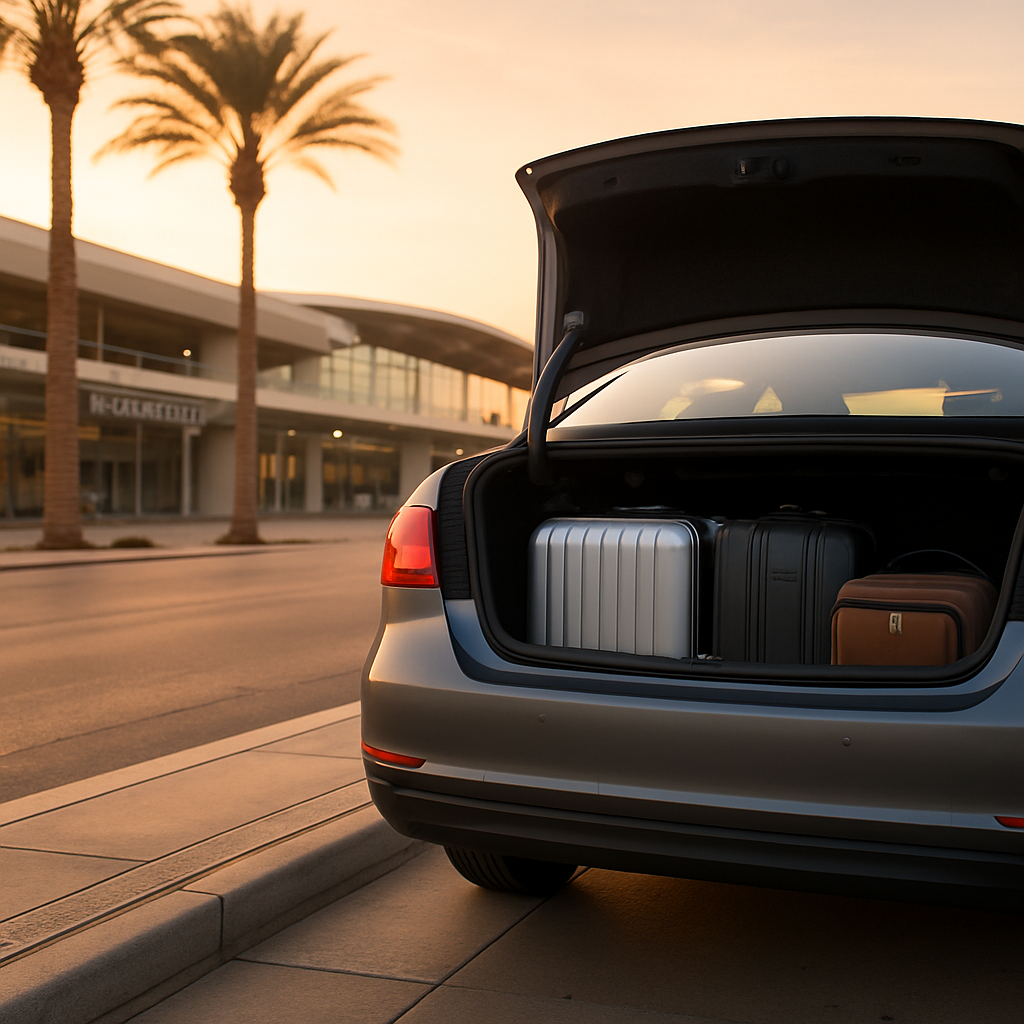 Luggage being loaded into the trunk of a gray sedan at the airport curb